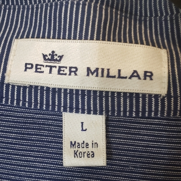 Peter Millar Golf Polo Shirt Pinstriped Navy Blue & White Sz Large 100% Cotton - Picture 2 of 12